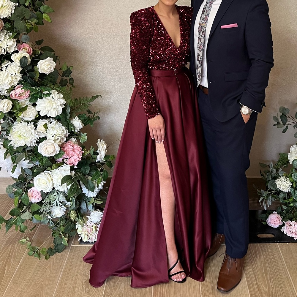 Lia Stublla Burgundy Sequin Prom Dress